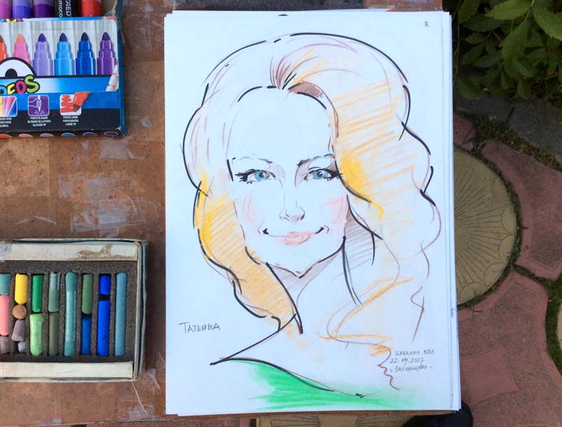 Шарж Татьяны акварелью на свадьбе от Мишеля