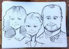 Шарж молодой семьи карандашом и маркером на свадьбе