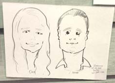 Черно-белый шарж Ольги и Евгения нарисованный маркером шаржистом Мишелем