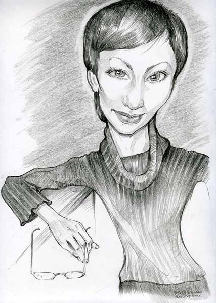 Девушка в джемпере играет с очками,
        шаржист Мишель, шаржист Михаил Шабалин, Минск