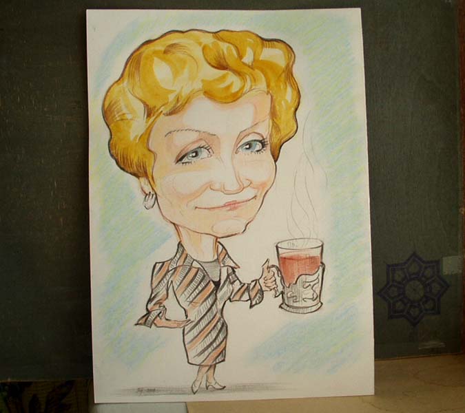 Секретарша со стаканом чая,
        шаржист Мишель, шаржист Михаил Шабалин, Минск